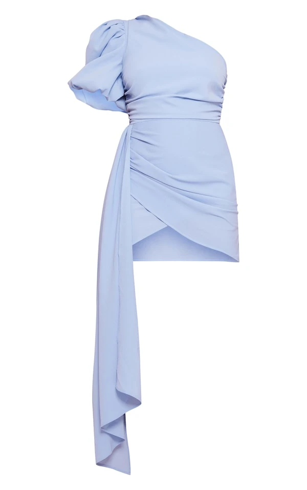 Robe Moulante Asymétrique Bleu Clair Drapée à Manche Bouffante 5 Robe Moulante Asymétrique Bleu Clair Drapée à Manche Bouffante – Image 5