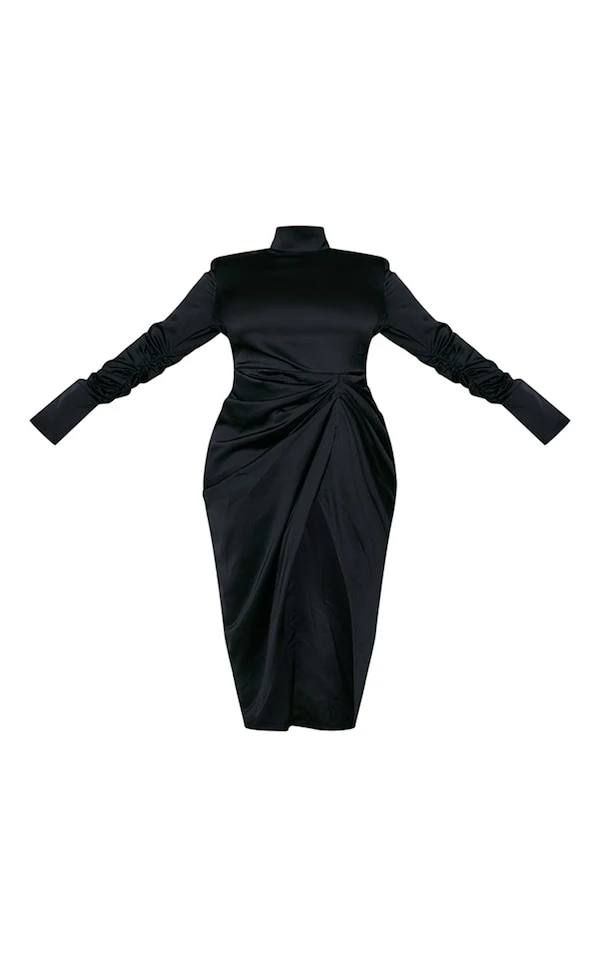 Plus Robe Mi-longue Satinée Drapée Noire à Col Montant 5 Plus Robe Mi-longue Satinée Drapée Noire à Col Montant – Image 5