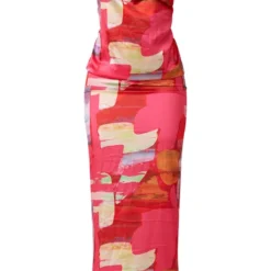 Robe Longue Satinée Rouge Imprimé Abstrait à Col Bénitier -Jupe Lumine Soldes Boutique df407d7e49c92a3196ea368d25376697d09243aa cne4575 5