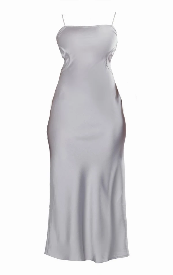 Robe Mi-longue Découpée Satinée Argentée à Liserés Et Bretelles Fines 5 Robe Mi-longue Découpée Satinée Argentée à Liserés Et Bretelles Fines – Image 5