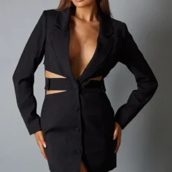 Label PLT Robe Blazer Tissée Noire à Découpes Et Boutons