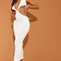 Robe Longue Texturée Blanche Nouée Devant