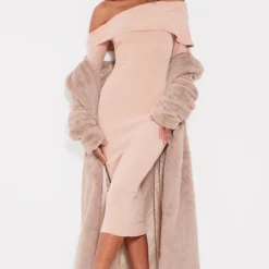 Robe Mi-longue Gris Pierre Côtelée Brossée Asymétrique