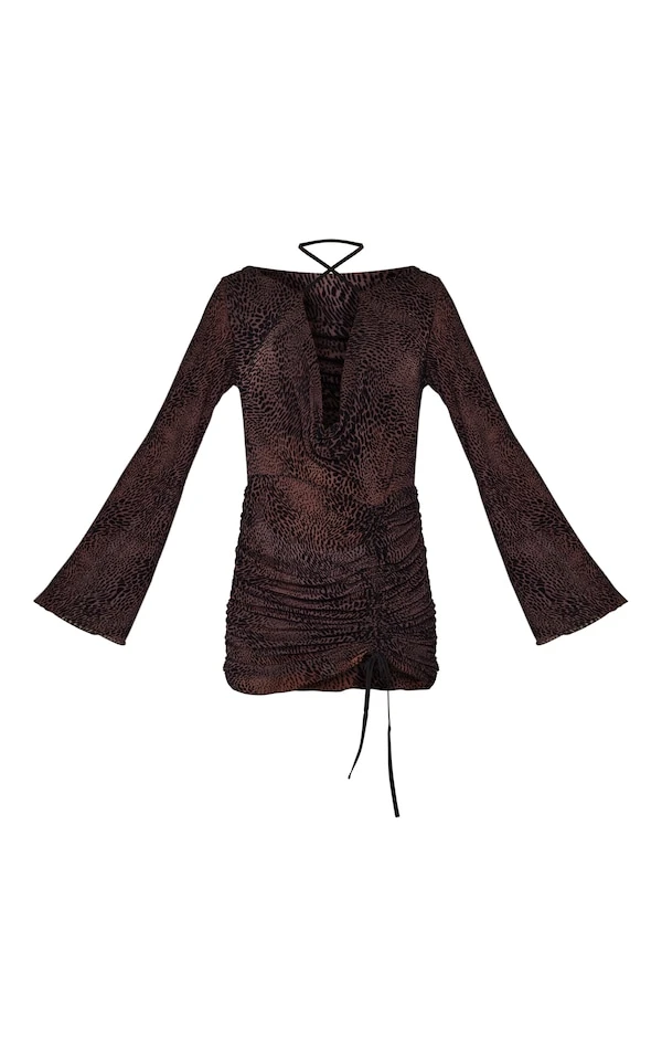 Robe Moulante Floquée Chocolat à Fronces Et Col Bénitier Détail Noué 5 Robe Moulante Floquée Chocolat à Fronces Et Col Bénitier Détail Noué – Image 5