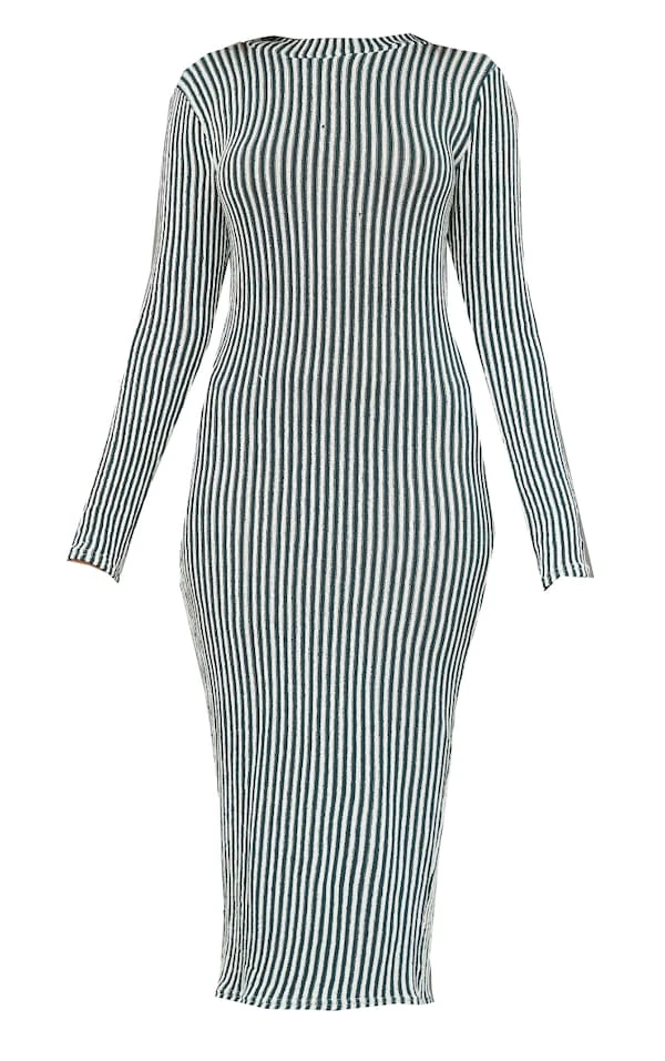 Robe Mi-longue Côtelée Bicolore Kaki à Col Montant 5 Robe Mi-longue Côtelée Bicolore Kaki à Col Montant – Image 5