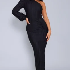 Robe Longue Asymétrique Plissée Froncée Noire