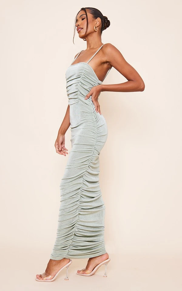 Robe Longue Moulante Froncée En Acétate Vert Sauge à Bretelles 3 Robe Longue Moulante Froncée En Acétate Vert Sauge à Bretelles – Image 3