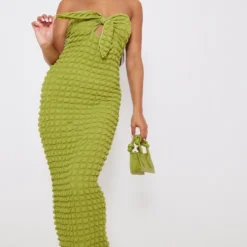 Robe Longue Bustier Texturée Vert Olive Nouée Sur Le Devant