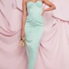 Robe Longue Satinée Froncée Vert Sauge à Corset Et Dos Nu
