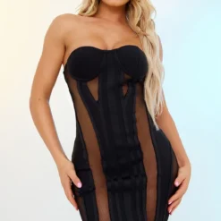 Robe Bustier Moulante Noire à Parties En Mesh Et Détail Bonnets