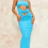 Robe Longue Bustier Texturée Froncée Bleu Vif à Découpes