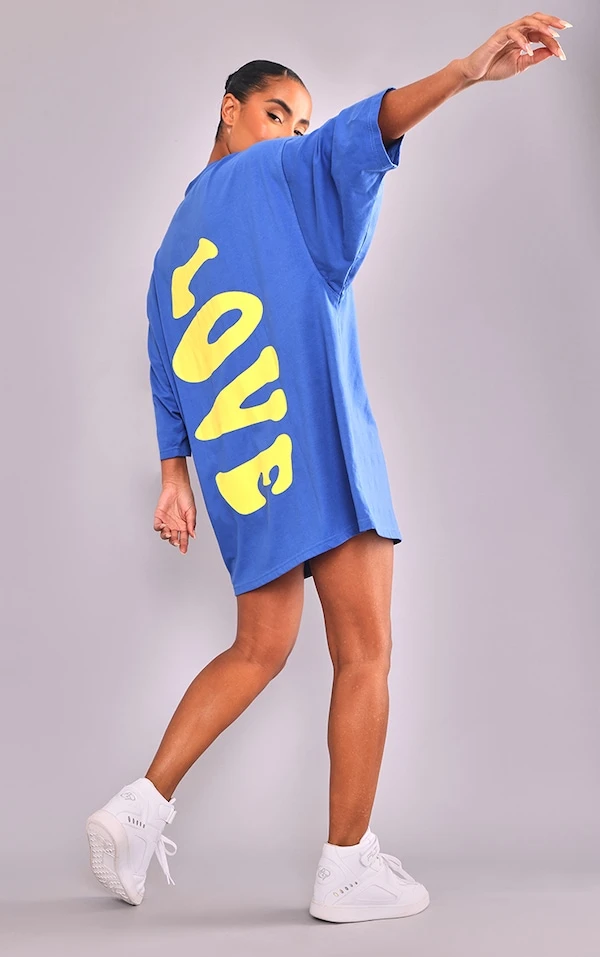 Robe T-shirt Oversize Bleu Vif à Slogan Love Au Dos