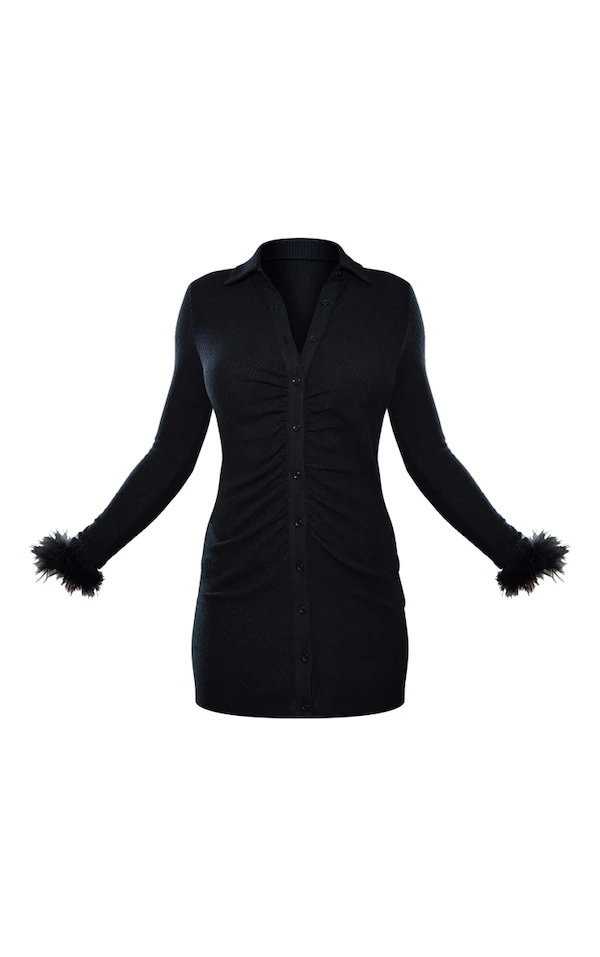 Robe Chemise Noire Froncée Côtelée Et Brossée à Manchettes à Plumes 5 Robe Chemise Noire Froncée Côtelée Et Brossée à Manchettes à Plumes – Image 5