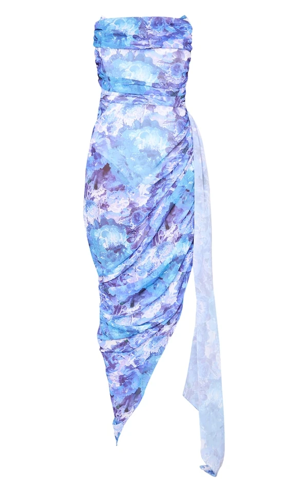 Robe-bustier Longue En Mousseline De Soie Froncée Fleurie Bleue à Jupe Drapée 5 Robe-bustier Longue En Mousseline De Soie Froncée Fleurie Bleue à Jupe Drapée – Image 5