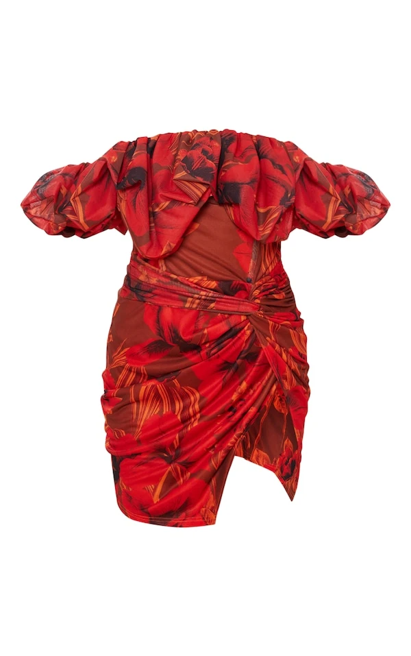 Robe Moulante Bouffante En Mesh Fleuri Rouge à Corset 4 Robe Moulante Bouffante En Mesh Fleuri Rouge à Corset – Image 4