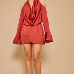 Robe Droite Satinée Rouille à Col Bénitier Et épaules Dénudées -Jupe Lumine Soldes Boutique e7848d117338d8a34ed73899d0c548389c44a7ac cnd5829 3