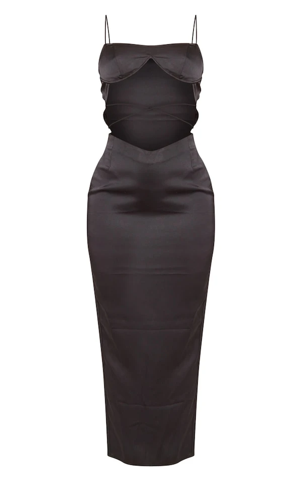 Robe Longue Satinée Noire à Découpes Et Bretelles 5 Robe Longue Satinée Noire à Découpes Et Bretelles – Image 5