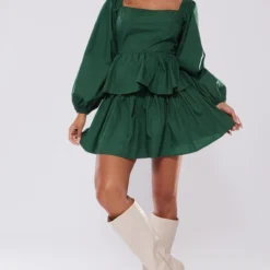 Robe Droite En Coton Vert Forêt à étages Et Manches Longues Détail Dos Noué -Jupe Lumine Soldes Boutique e90906bdd0857fe0c5ebb986231c328aa9dd89da cnb4798 3