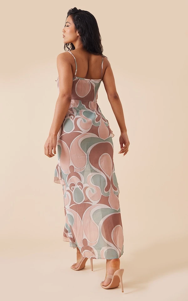 Robe Longue En Mousseline De Soie Multi à Imprimé Abstrait Et Volants 2 Robe Longue En Mousseline De Soie Multi à Imprimé Abstrait Et Volants – Image 2