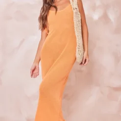 Robe Longue Côtelée Texturée Orange à Bretelles Nouées