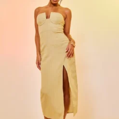 Robe Bustier Mi-longue En Effet Lin Vert Sauge Détail Bonnets