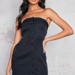 Robe Bustier Moulante Noire à Ourlet Replié Asymétrique