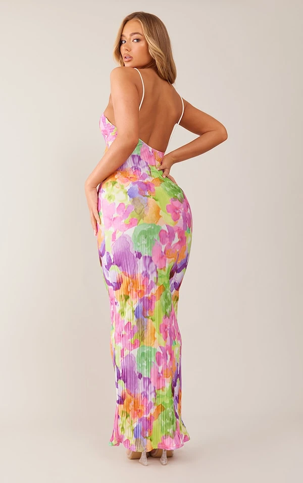 Logic Robe Longue Multicolore Fleurie Plissée à Bretelles Et Dos échancré 2 Logic Robe Longue Multicolore Fleurie Plissée à Bretelles Et Dos échancré – Image 2