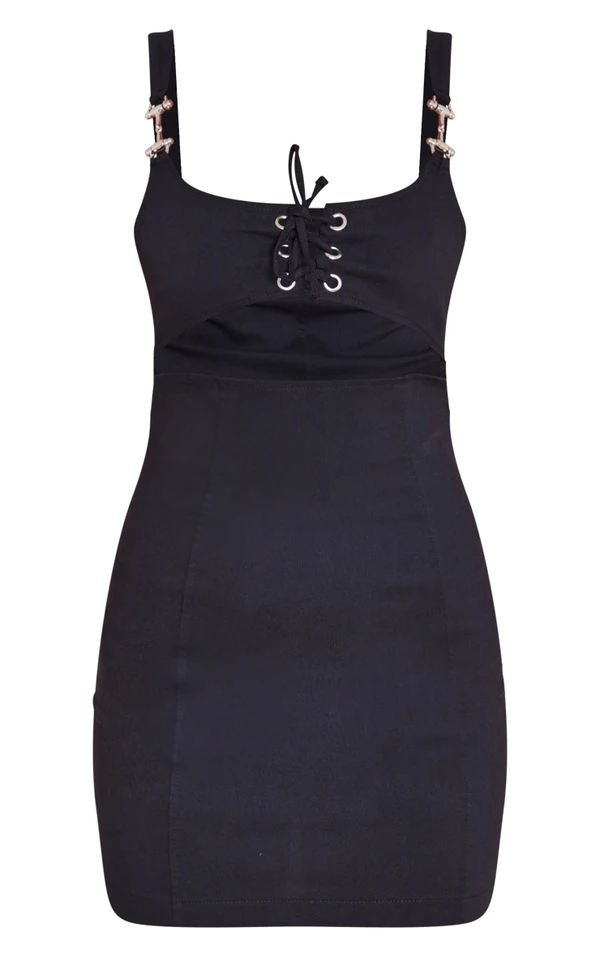 Robe Moulante Noire En Maille Stretch Tissée à Lacets Et Liserés 5 Robe Moulante Noire En Maille Stretch Tissée à Lacets Et Liserés – Image 5