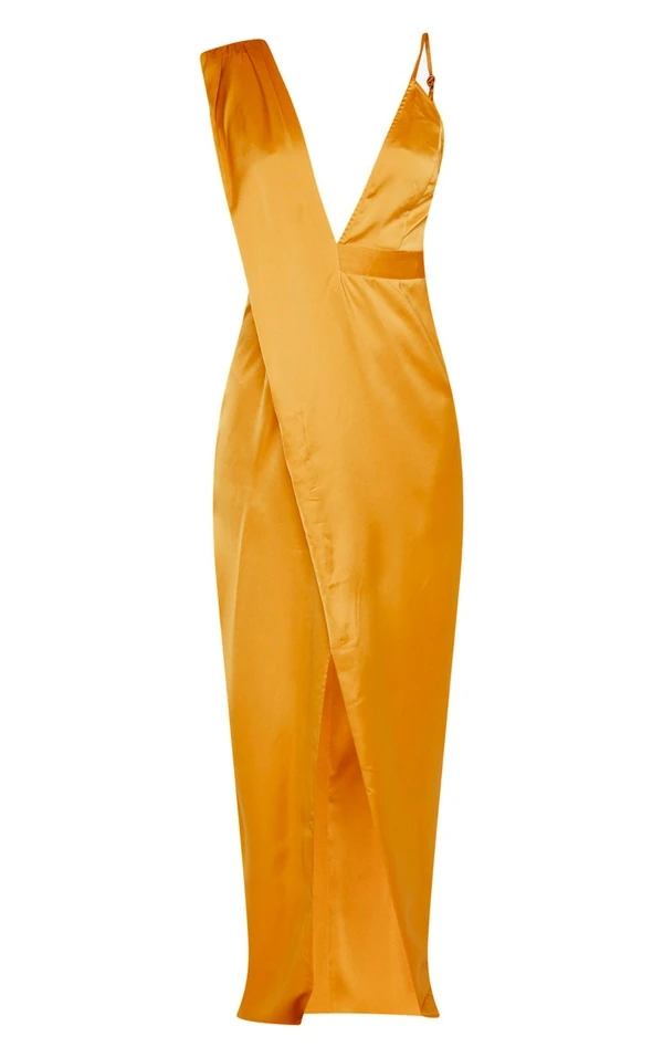 Robe Longue Moutarde Asymétrique à Détails Drapés 3 Robe Longue Moutarde Asymétrique à Détails Drapés – Image 3