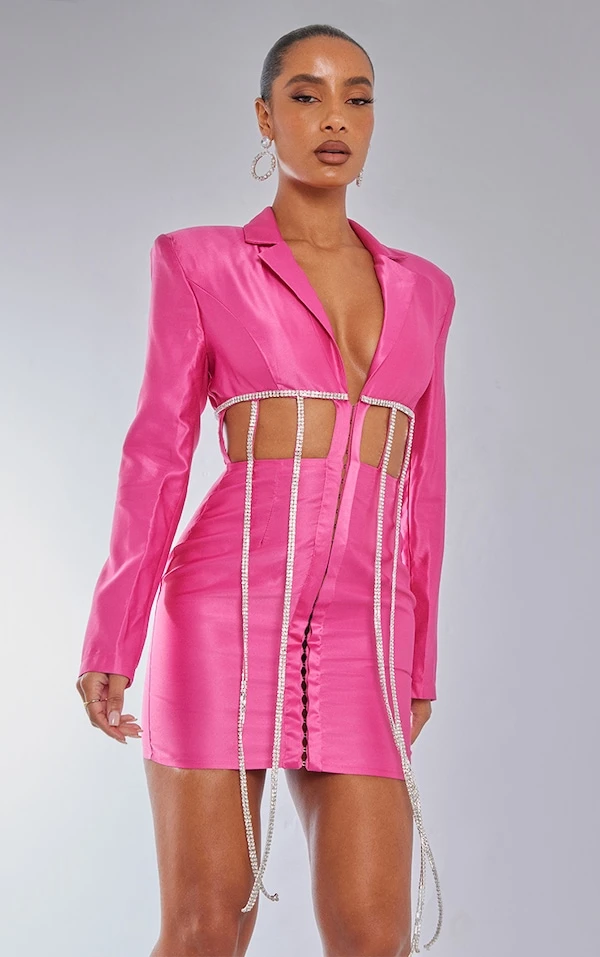 Robe Blazer Drapée Rose à Bordure Strassée Et Découpes 3 Robe Blazer Drapée Rose à Bordure Strassée Et Découpes – Image 3