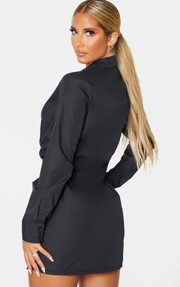 Robe Chemise Noire Décolletée à Détail Noué 2 Robe Chemise Noire Décolletée à Détail Noué – Image 2