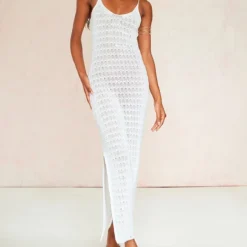 Robe Longue En Maille Tricot Crochetée Blanche à Fente Latérale