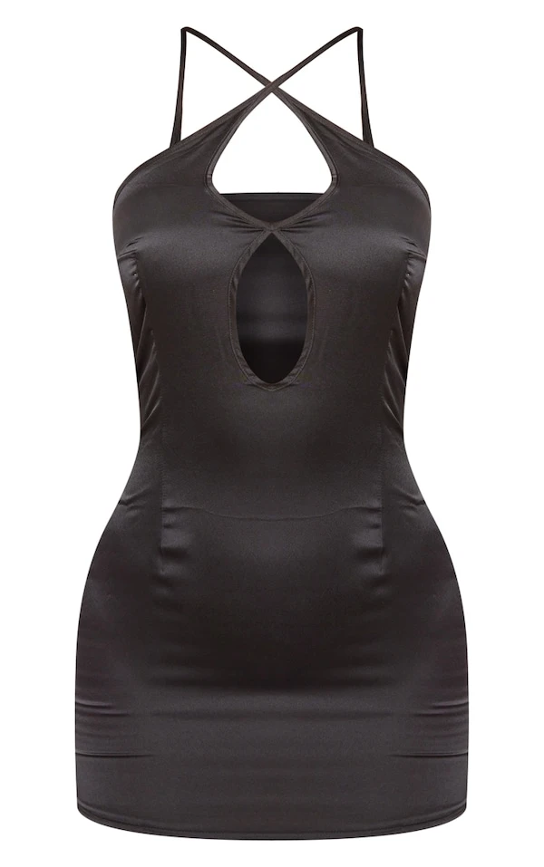 Robe Moulante Noire Satinée Croisée Dans Le Dos à Découpes Goutte D'eau 5 Robe Moulante Noire Satinée Croisée Dans Le Dos à Découpes Goutte D'eau – Image 5