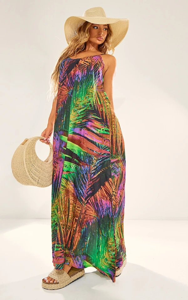 Diamond Robe De Plage Multicolore Imprimé Feuilles Oversize à Dos Ouvert 3 Diamond Robe De Plage Multicolore Imprimé Feuilles Oversize à Dos Ouvert – Image 3