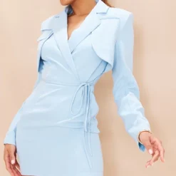 Robe Blazer Style Utilitaire Bleue à Manches Longues Et Ceinture