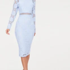 Robe Moulante En Dentelle à Manches Longues Bleu Poudré