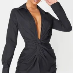 Robe Chemise Noire Décolletée à Détail Noué
