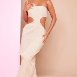 Robe Longue Bustier En Effet Lin Gris Pierre Découpée Sur Les Côtés