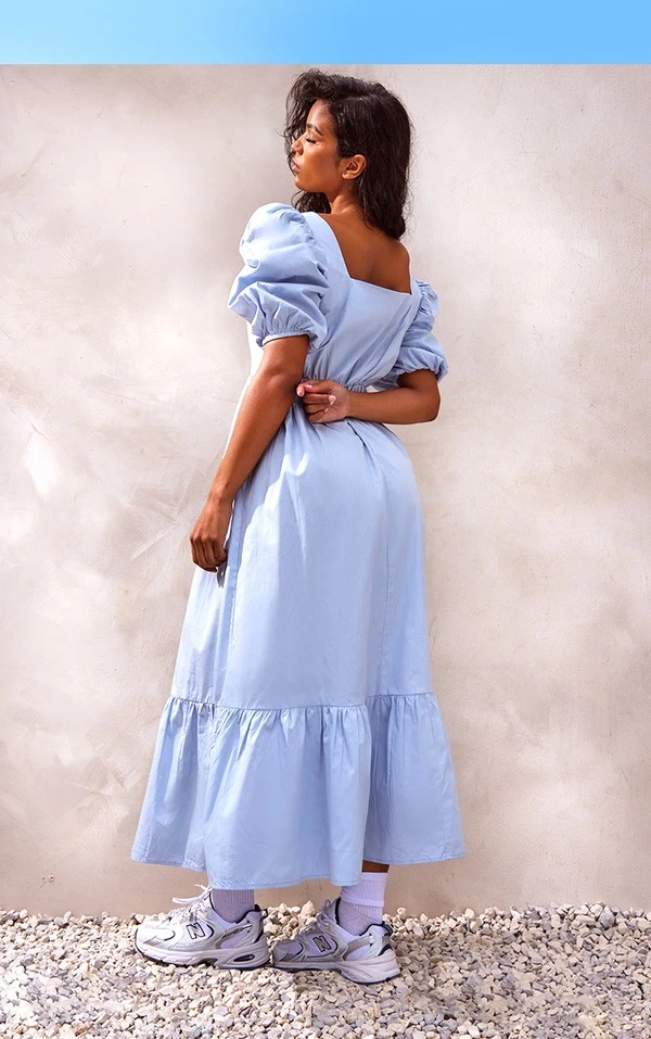 Robe Longue En Maille Tissée Bleu Cendré à Manches Bouffantes Et Col Carré 2 Robe Longue En Maille Tissée Bleu Cendré à Manches Bouffantes Et Col Carré – Image 2