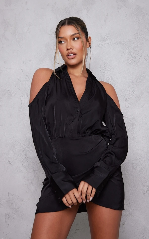 Robe Chemise Cache-coeur Satinée Noire à épaules Dénudées 1 Robe Chemise Cache-coeur Satinée Noire à épaules Dénudées