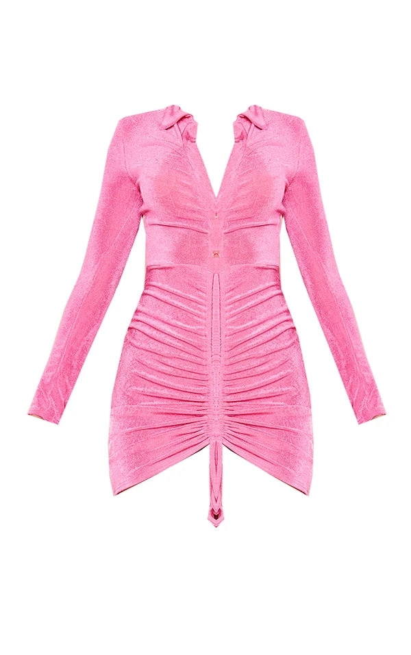 Robe Chemise Moulante En Acétate Rose à Jupe Froncée 5 Robe Chemise Moulante En Acétate Rose à Jupe Froncée – Image 5