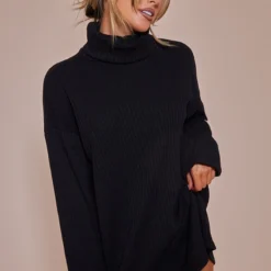 Robe Pull Oversize Café Au Lait En Grosse Maille Côtelée épaisse à Col Roulé