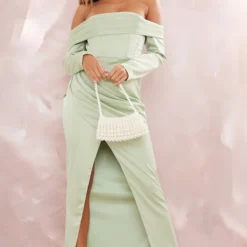 Robe Longue Vert Sauge Fendue à Manches Longues Et Col Bardot -Jupe Lumine Soldes Boutique f24bb3eadf7d55e1d589461399dea47023d7476b cnd9162 3