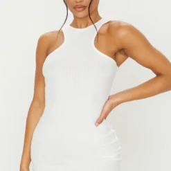 Robe Moulante Blanche Côtelée Brossée à Dos Nageur