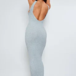 Robe Longue En Maille Tricot Gris Chiné à Dos Nageur échancré