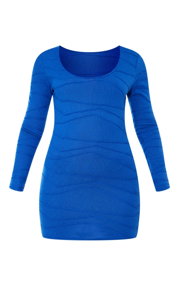 Robe Moulante Bleu Vif Texturée à Col Rond Et Manches Longues 5 Robe Moulante Bleu Vif Texturée à Col Rond Et Manches Longues – Image 5