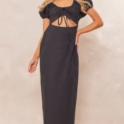 Robe Longue En Coton Noir à Découpe Devant