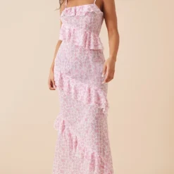 Robe Longue En Mousseline De Soie Rose Fleurie Et Volants