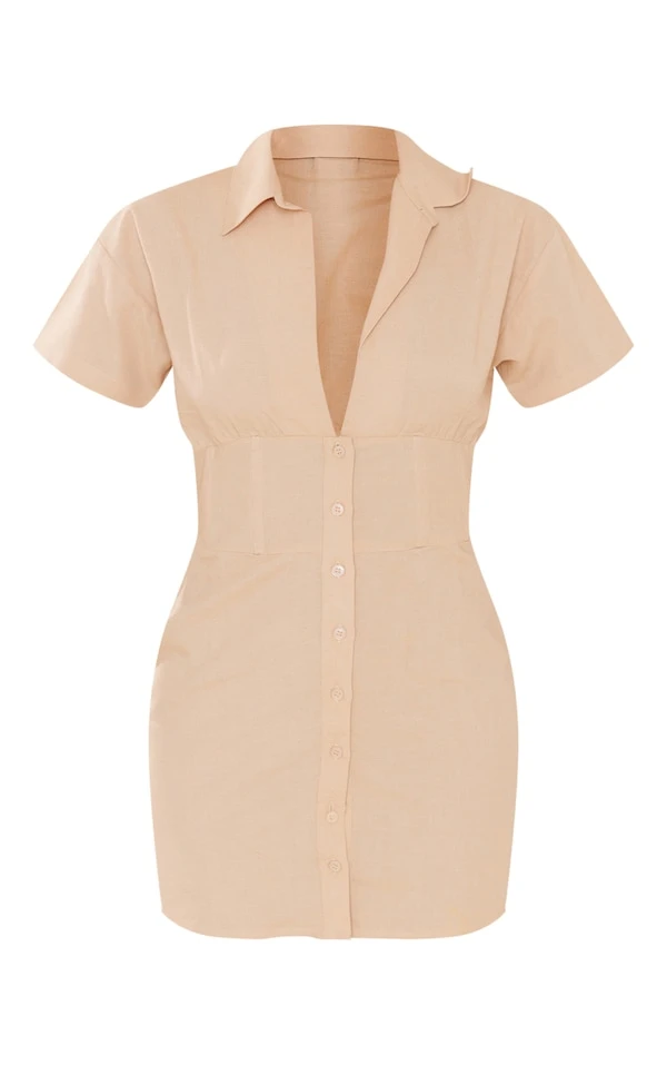 Robe Chemise Effet Lin Gris Pierre à Manches Courtes Et Taille Cintrée 5 Robe Chemise Effet Lin Gris Pierre à Manches Courtes Et Taille Cintrée – Image 5