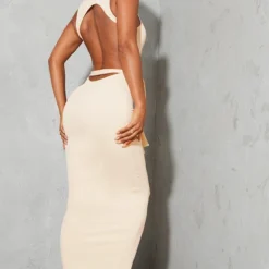 Robe Longue Gris Pierre Côtelée à Dos Ouvert Et Lien Taille